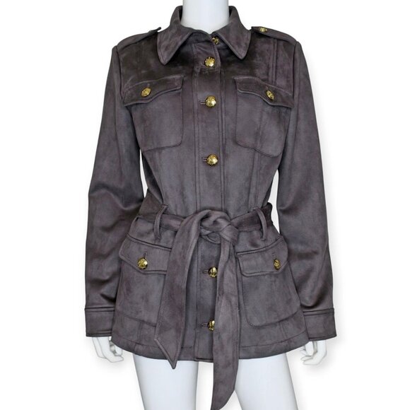 White House Black Market Ultra Suede Gray Belted Safari Jacket Top Women's Large - Picture 3 of 7